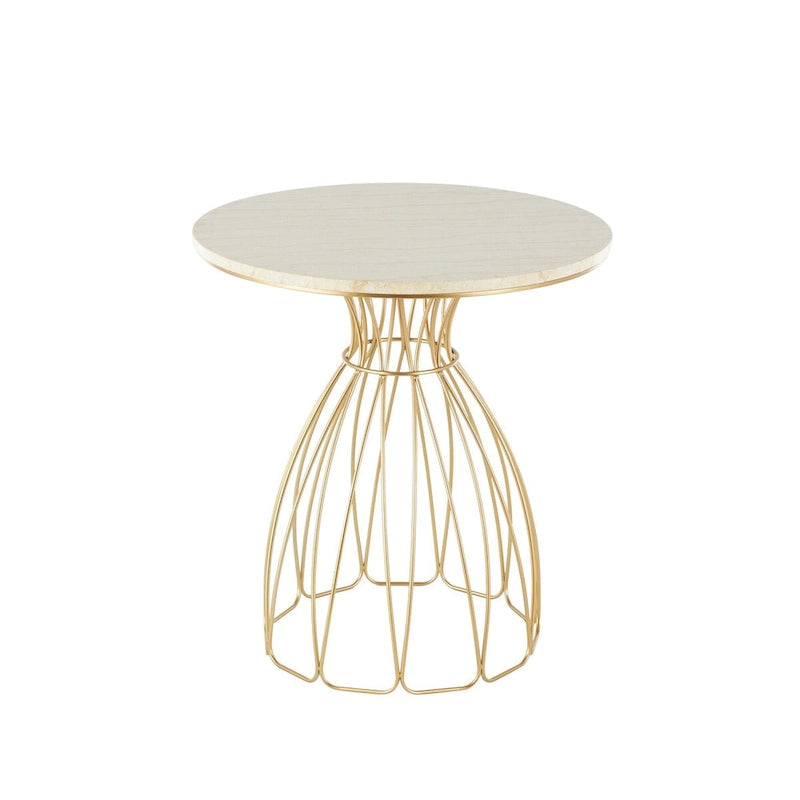 Metal Flower Inspired Side End Accent Table with Cream Marble Tabletop - Gold -
