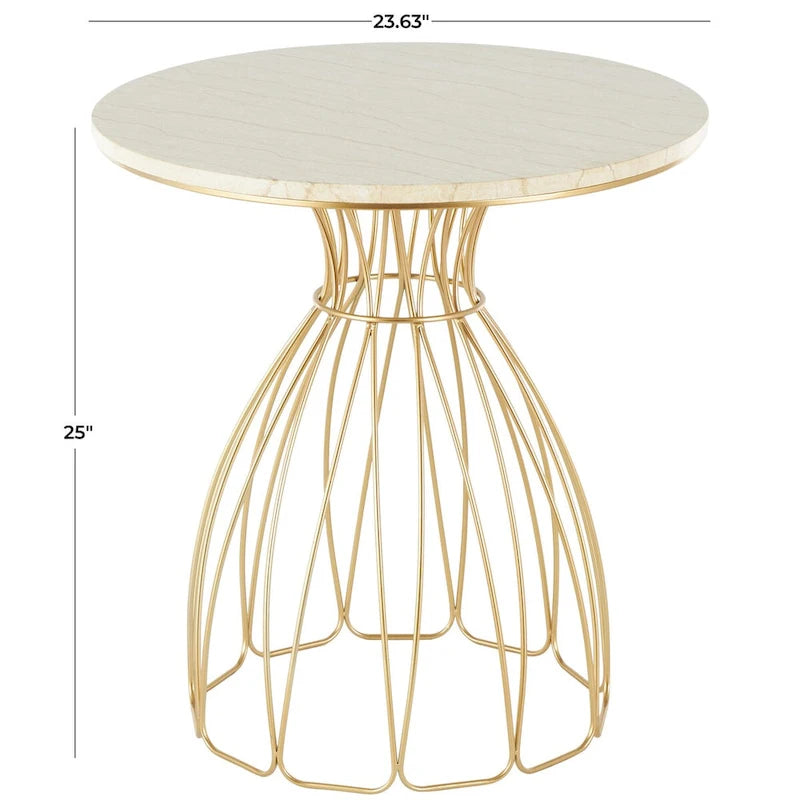 Metal Flower Inspired Side End Accent Table with Cream Marble Tabletop - Gold -