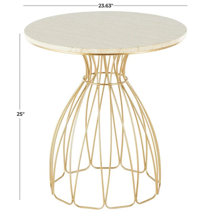 Metal Flower Inspired Side End Accent Table with Cream Marble Tabletop - Gold -