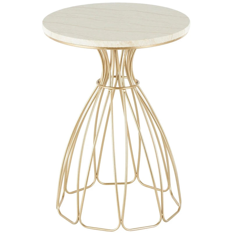 Metal Flower Inspired Side End Accent Table with Cream Marble Tabletop - Gold -