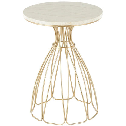 Metal Flower Inspired Side End Accent Table with Cream Marble Tabletop - Gold -