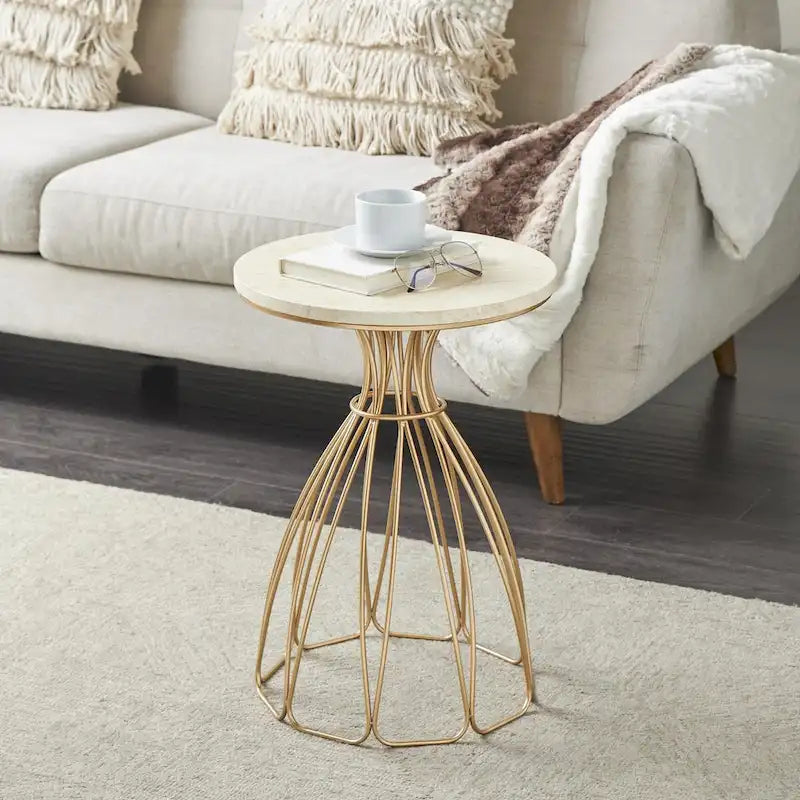 Metal Flower Inspired Side End Accent Table with Cream Marble Tabletop - Gold -