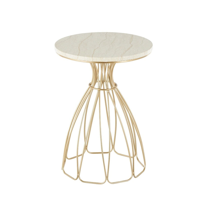 Metal Flower Inspired Side End Accent Table with Cream Marble Tabletop - Gold -