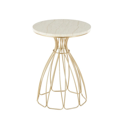 Metal Flower Inspired Side End Accent Table with Cream Marble Tabletop - Gold -