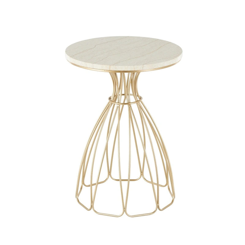 Metal Flower Inspired Side End Accent Table with Cream Marble Tabletop - Gold -