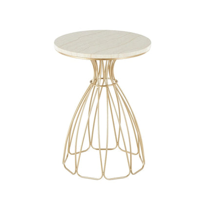 Metal Flower Inspired Side End Accent Table with Cream Marble Tabletop - Gold -
