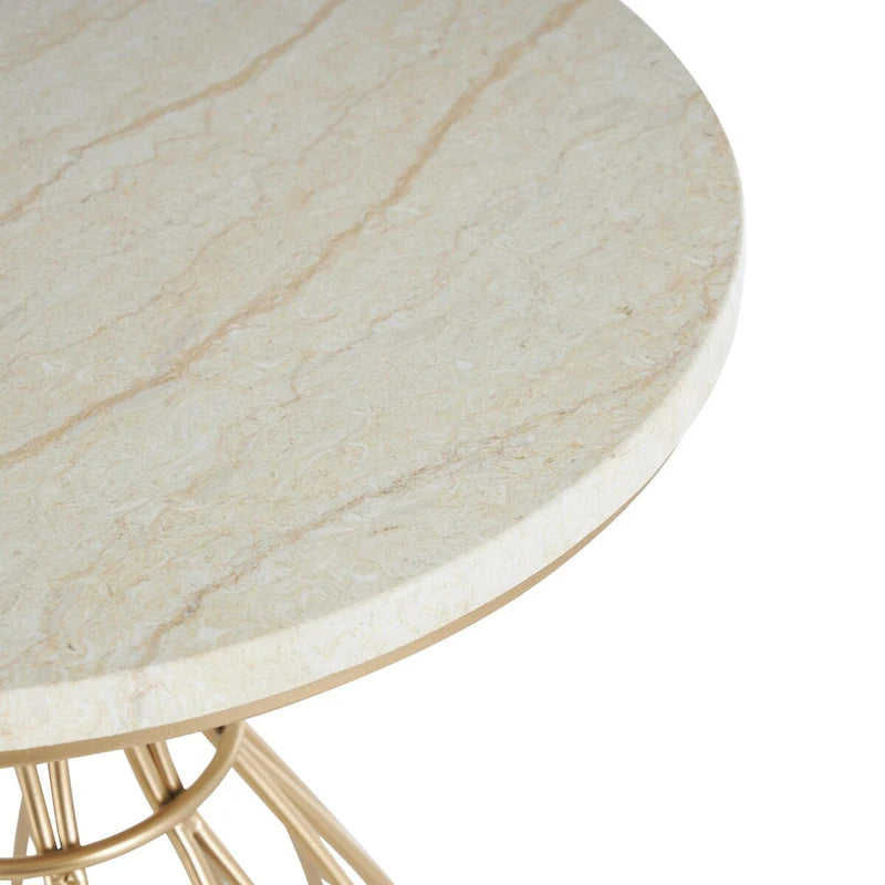 Metal Flower Inspired Side End Accent Table with Cream Marble Tabletop - Gold -