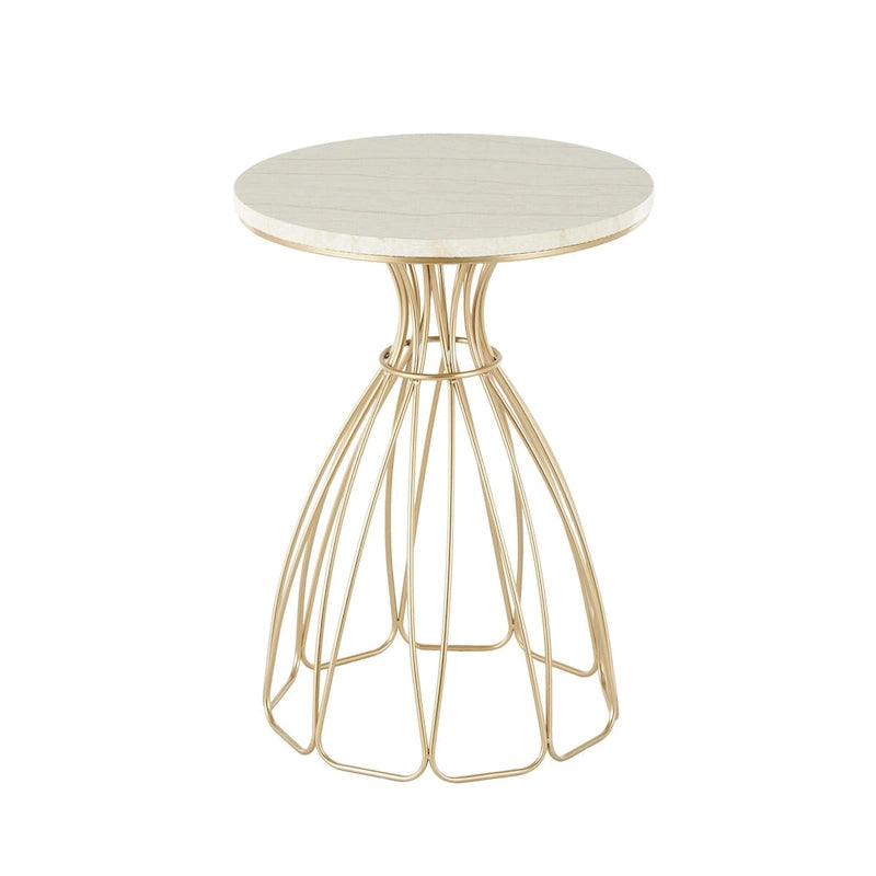Metal Flower Inspired Side End Accent Table with Cream Marble Tabletop - Gold -