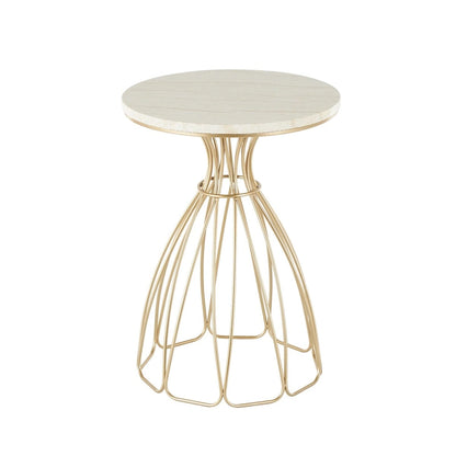 Metal Flower Inspired Side End Accent Table with Cream Marble Tabletop - Gold -