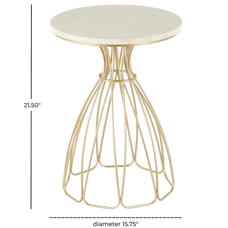Metal Flower Inspired Side End Accent Table with Cream Marble Tabletop - Gold -