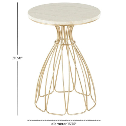 Metal Flower Inspired Side End Accent Table with Cream Marble Tabletop - Gold -